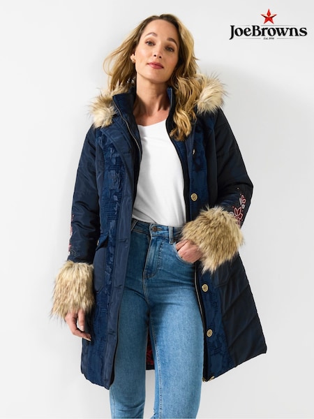 Joe Browns Blue Parka with Jacquard Panels & Faux Fur (V10109) | £130