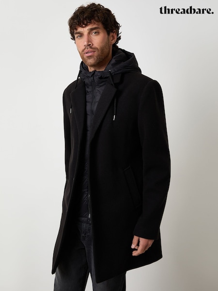 Threadbare Black Faux Wool Mock Inner Hooded Longline Coat (V10190) | £75