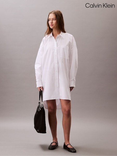 Calvin Klein White Oversized Cotton Mini Shirt Dress (V10311) | £110