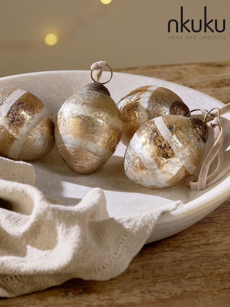 Nkuku Set of 4 Gold Viti Christmas Baubles (V10363) | £28