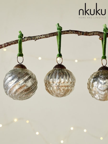Nkuku Aged Nickel Adoya Christmas Baubles (V10364) | £28