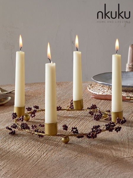 Nkuku Brass and Ruby Tanu Mango Wood Beaded Candle Holder (V10375) | £40