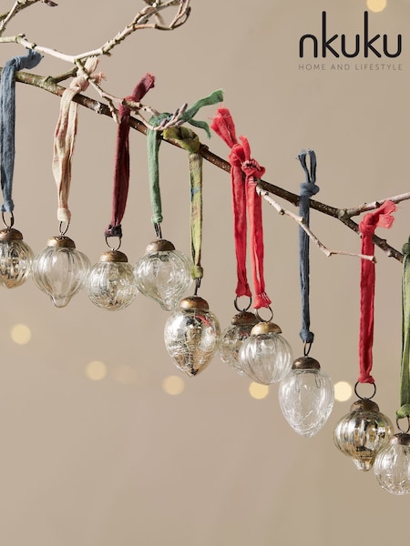 Nkuku Set of 12 Silver Dew Drop Christmas Baubles (V10383) | £30