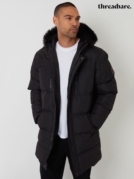 Threadbare Black Showerproof Longline Quilted Parka Jacket (V10524) | £78