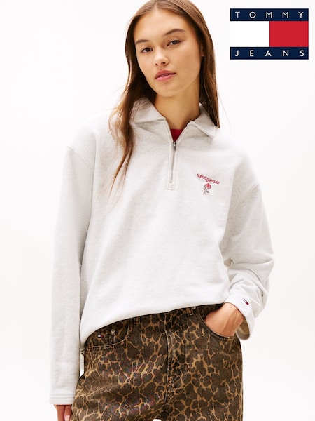 Tommy Jeans White Back Graphic Quarter-Zip Boxy Rugby Jumper (V10543) | £100