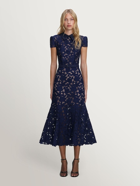 Self-Portrait Navy Guipure Lace Midi Dress (V10640) | £360