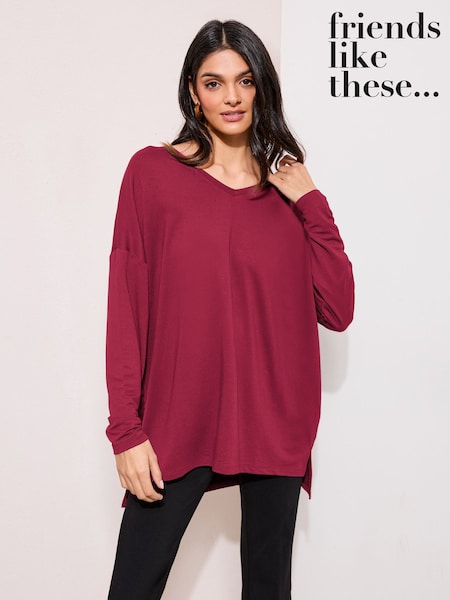 Friends Like These Bright Red V-Neck Long Sleeve Soft Tunic Top (V10817) | £22
