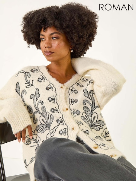 Roman White Abstract Embroidered Cardigan (V10938) | £48