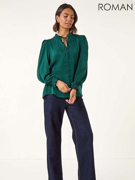 Roman Green Ruffle Front Tie Neck Blouse (V10946) | £42