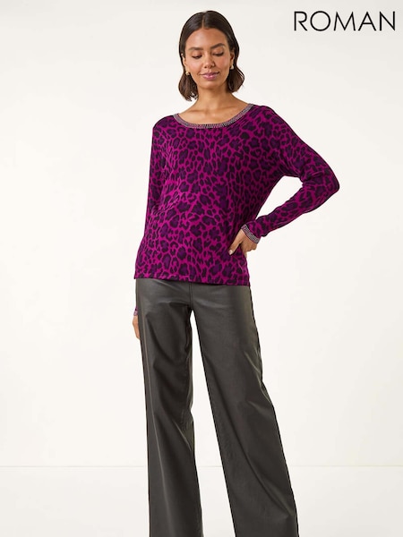 Roman Magenta Animal Print Embellished Trim Jumper (V10951) | £45