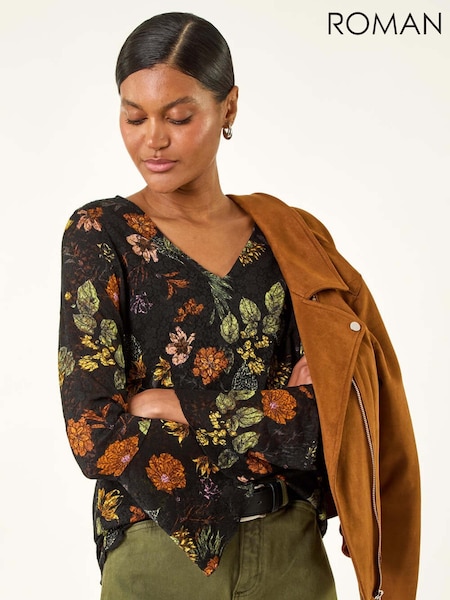 Roman Black Floral Print V-Neck T-Shirt (V10963) | £40