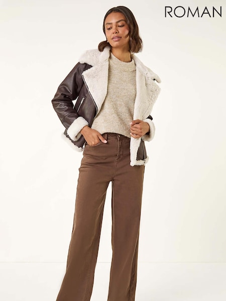 Roman Brown Contrast Aviator Fur Coat (V10981) | £85