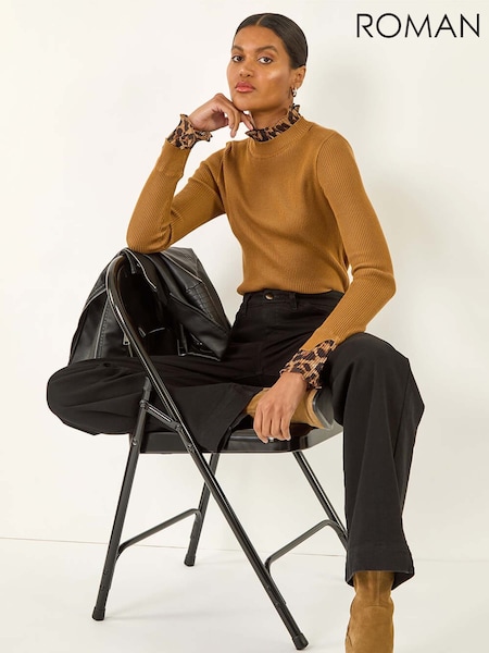 Roman Natural Leopard Ruffle Trim Jumper (V10984) | £42
