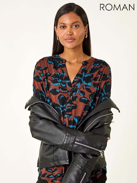Roman Brown Floral Print V-Neck Stretch T-Shirt (V10985) | £42