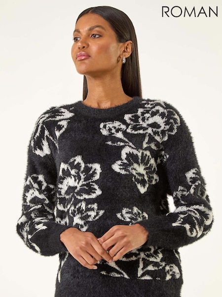 Roman Black Fluffy Floral Knit Jumper (V10989) | £48
