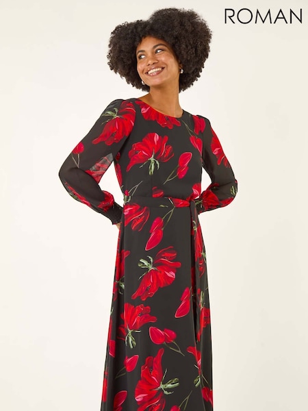 Roman Red Floral Tie Waist Midi Dress (V10996) | £58