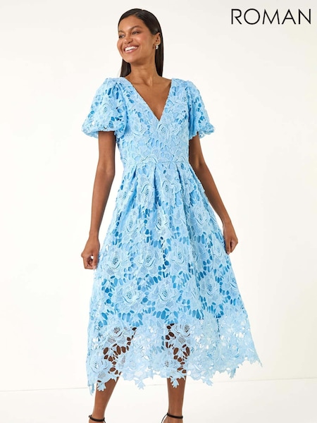 Roman Blue Premium Crochet Lace Midi Dress (V11008) | £80