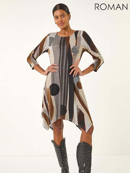 Roman Brown Geo Print Hanky Hem Stretch Dress (V11014) | £45