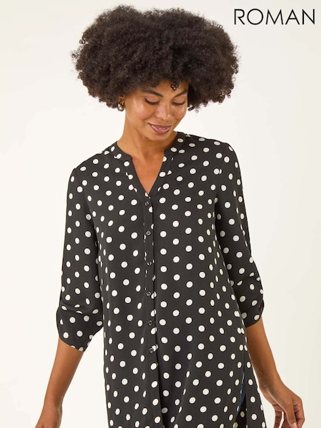 Roman Black Swirl Print Long Line Buttoned Blouse (V11015) | £42