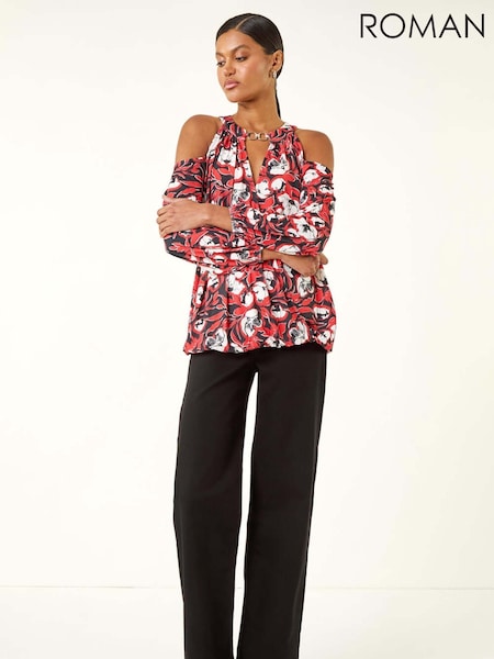 Roman Red Printed Cold Shoulder Stretch Blouse (V11018) | £42
