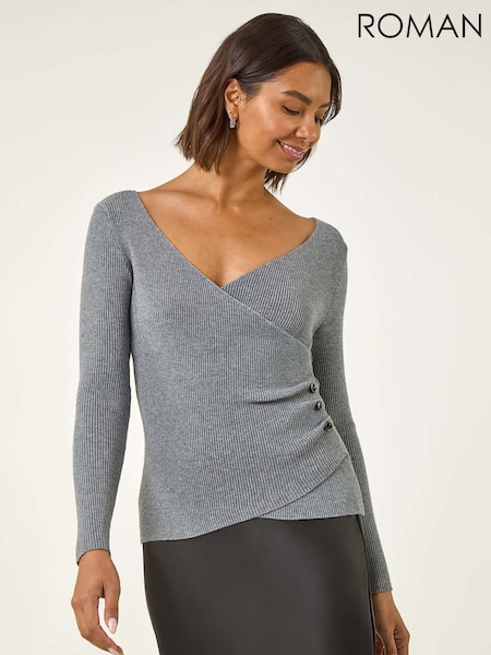 Roman Grey Wrap Button Detail Knit Jumper (V11088) | £42