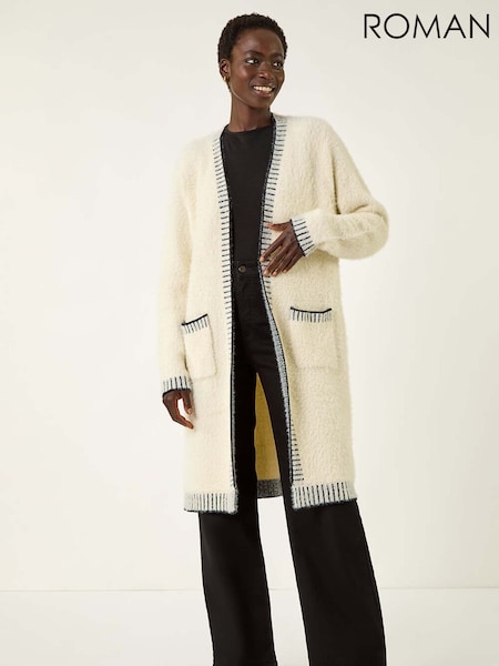 Roman Natural Contrast Stitch Longline Cardigan (V11096) | £55