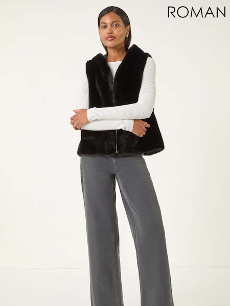 Roman Black Hooded Faux Fur Gilet (V11108) | £55