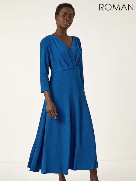 Roman Blue Textured Wrap Midi Dress (V11113) | £45