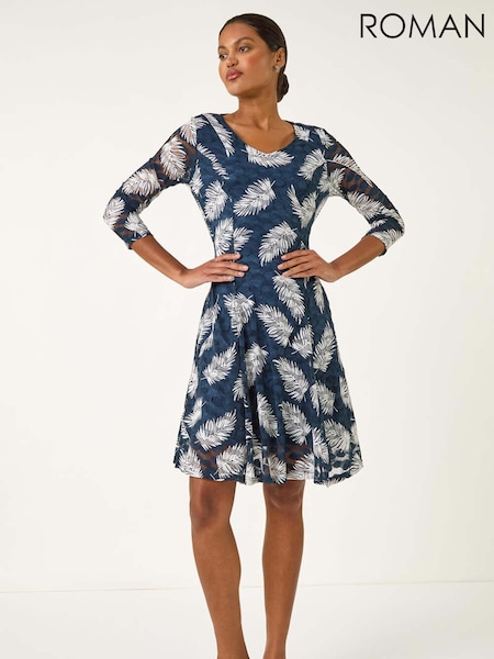 Roman Blue Leaf Print Lace Stretch Dress (V11117) | £50