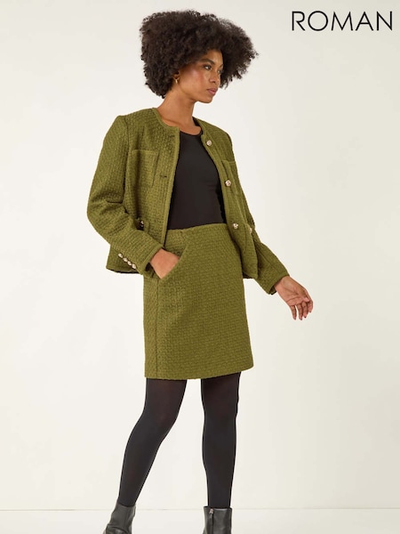 Roman Green Collarless Boucle Button Jacket (V11126) | £75