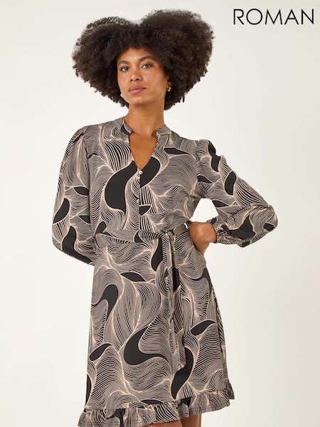 Roman White Abstract Linear Print Stretch Dress (V11127) | £48