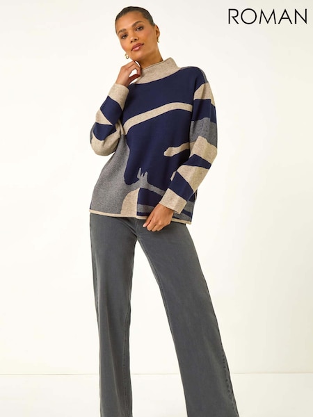 Roman Blue Abstract Knit High Neck Jumper (V11138) | £42