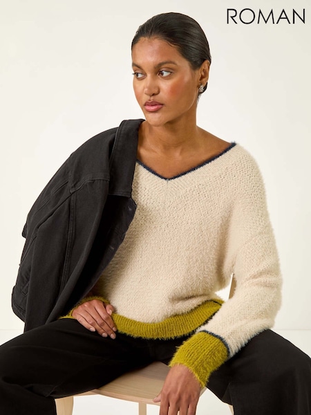 Roman Cream Stripe Trim V-Neck Knit Jumper (V11145) | £40
