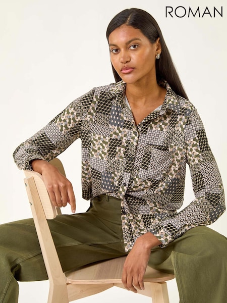 Roman Grey Patchwork Print Stretch Shirts (V11178) | £40