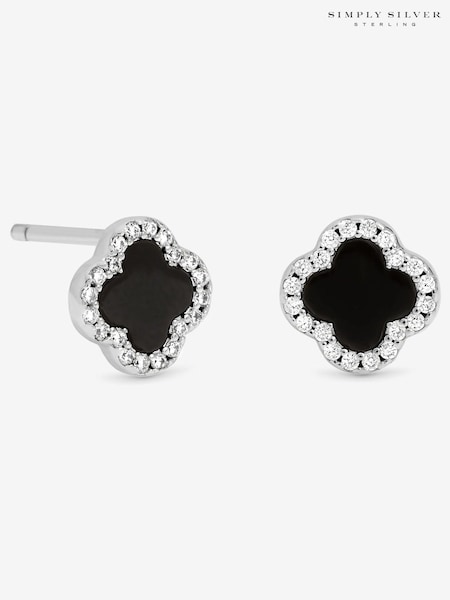 Simply Silver 925 Sterling Silver Pave and Jet Clover Stud Earrings (V11591) | £25