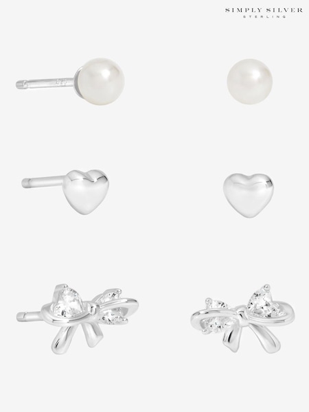 Simply Silver Sterling Silver 925 Pearl Bow Earrings 3 Pack (V11601) | £30