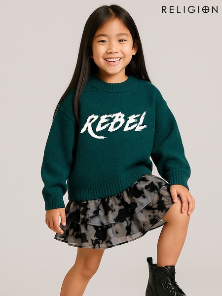 Religion Green Rebel Slogan Jumper In Soft Knitted Intarsia (V11683) | £35