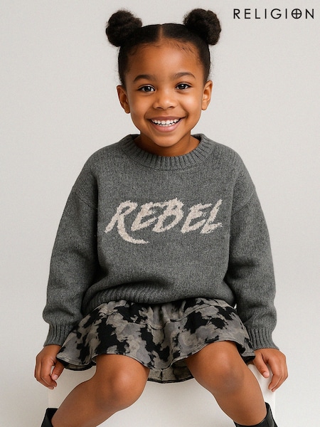 Religion Grey Rebel Slogan Jumper In Soft Knitted Intarsia (V11694) | £35