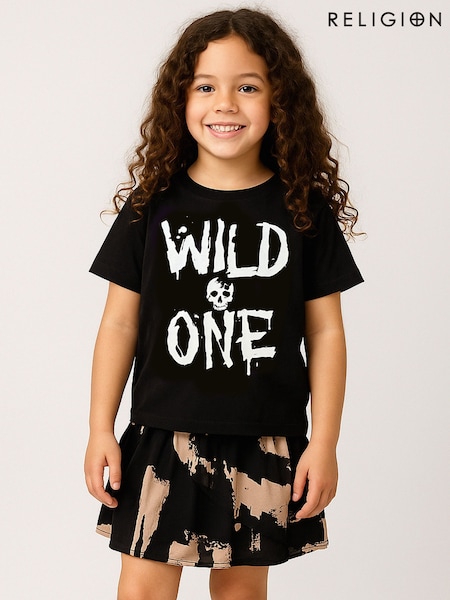 Religion Black Linda Tiered Ruffle Skirt In Leaf Print (V11701) | £25