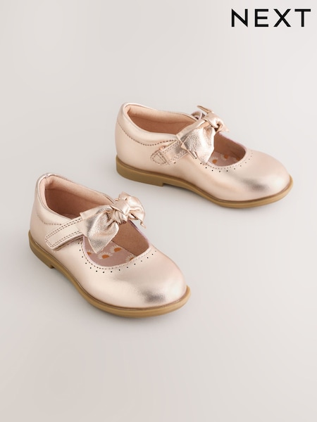 Rose Gold Bow Leather Touch Fastening Shoes (V12129) | £25 - £27