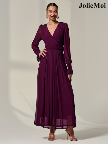 Jolie Moi Purple Long Sleeve Mesh Maxi Dress (V12166) | £85