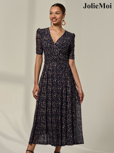 Jolie Moi Brown Ruched Sleeve Mesh Dress (V12172) | £85