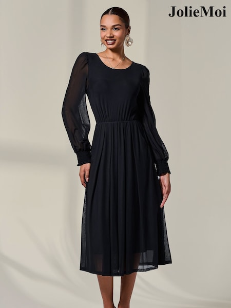 Jolie Moi Black Long Sleeve Mesh Midi Dress (V12177) | £84