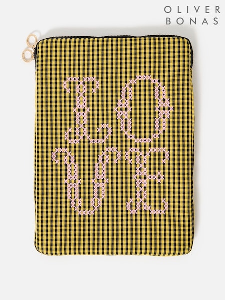 Oliver Bonas Yellow & Black Gingham Love Cross Stitch Laptop Case (V12183) | £32