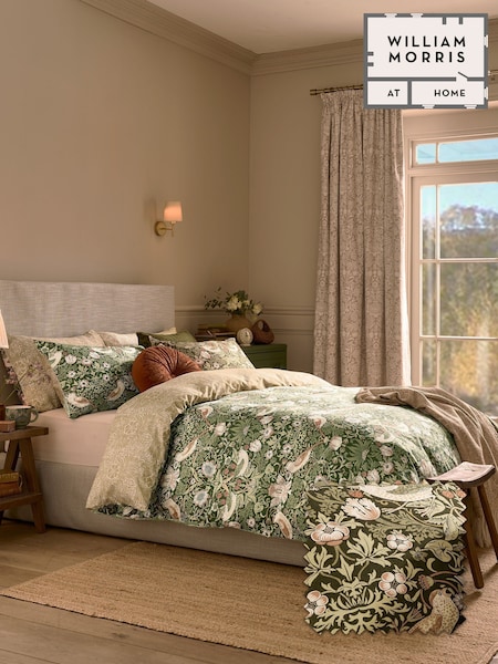 William Morris At Home Nettle Green Strawberry Thief Duvet Cover and Pillowcase Set (V12189) | £70 - £125
