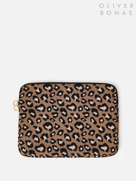 Oliver Bonas Brown Leopard Print Knitted Laptop Case (V12194) | £36