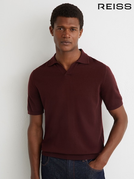 Reiss Port Red Duchie Merino Wool Open-Collar Polo Shirt (V12220) | £88