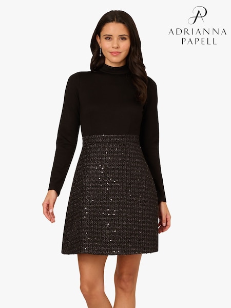 Adrianna Papell Ponte Sequin Boucle Black Dress (V12288) | £169