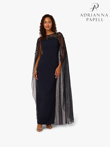 Adrianna Papell Blue Bead Cape Crepe Long Dress (V12289) | £299
