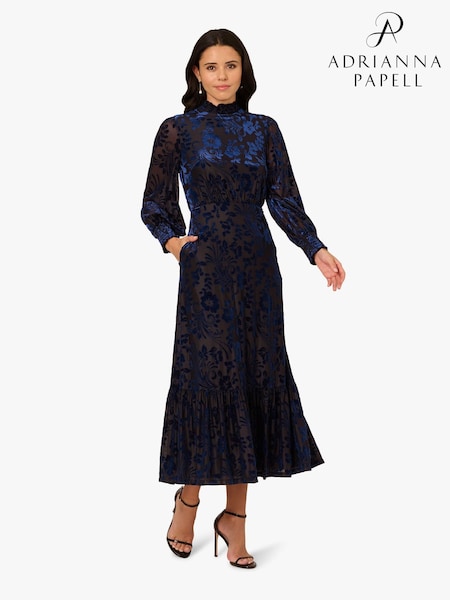 Adrianna Papell Blue Burnout Velvet Long Dress (V12293) | £179